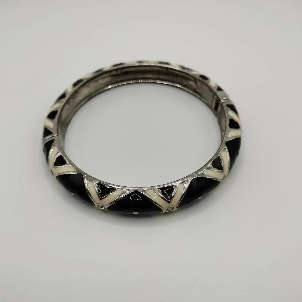 Black Cream Enamel Rhinestones Accents Hinge Closure Bangle Silver Tone Bracelet
